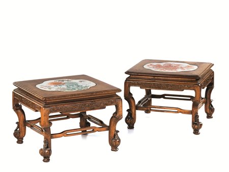 DUE SGABELLI CINA SEC. XIX&nbsp; in legno, decorati con placche in porcellana...
