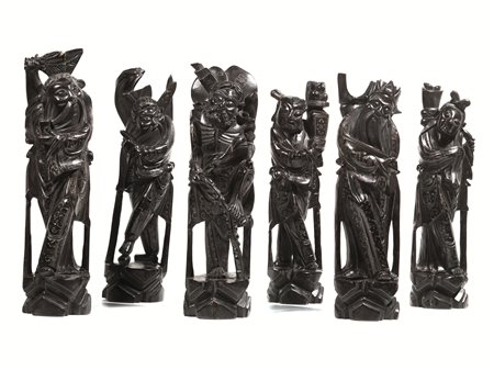 SEI SCULTURE, CINA SEC. XIX&nbsp; in legno duro con inserti in metallo...