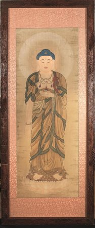 DIPINTO CINA SEC. XIX -XX&nbsp; su carta raffigurante Buddha stante, reggente...