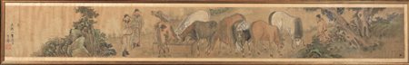 DIPINTO CINA SEC. XIX&nbsp; su carta raffigurante figure con cavalli, il...