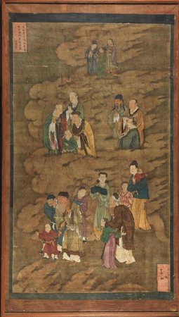 DIPINTO, CINA, SEC. XIX&nbsp; su tela, raffigurante letterati in un...
