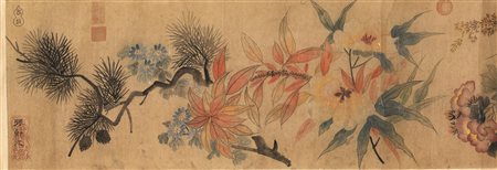ROTOLO ORIZZONTALE CINA SEC. XIX-XX dipinto su carta raffigurante fiori,...