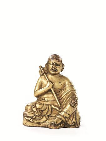 SCULTURA TIBET SEC. XVIII in bronzo dorato raffigurante monaco assiso alt. cm...