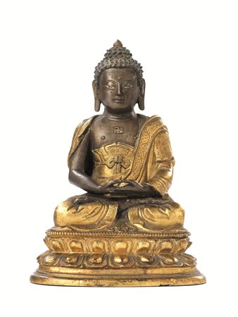 BUDDHA CINA DINASTIA QING, PERIODO KANGXI (1662-1722)in bronzo dorato e...