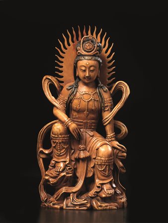 SCULTURA CINA SEC. XIX-XX in avorio raffigurante Guanyin assisa su una roccia...