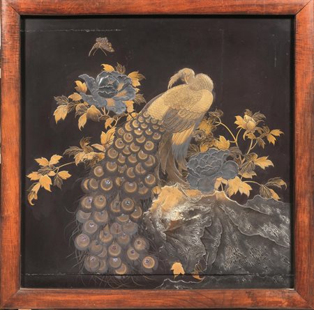 PANNELLO GIAPPONE SEC. XIX PERIODO MEIJIin legno laccato decorato con grande...
