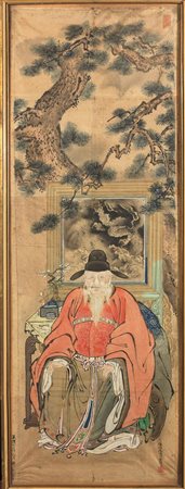 DIPINTO GIAPPONE SEC. XIX su carta, raffigurante figura sotto un albero, cm...