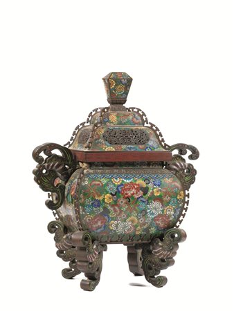 GRANDE INCENSIERE, GIAPPONE, SEC XIXin metallo cloisonn&eacute;, con decori...
