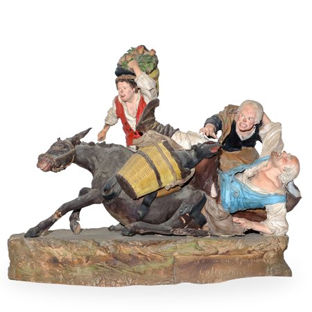 Bongiovanni Vaccaro (Caltagirone  1807 - Caltagirone 28 novembre 1889)  - Caduta dell'asino, gruppo di figurine in terracotta policroma