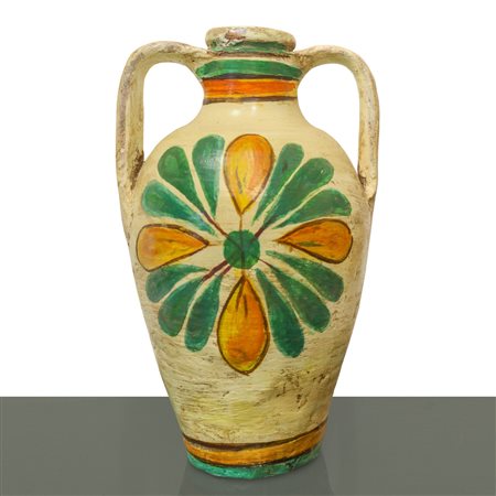 Quartara in maiolica di Caltagirone con grande fiore policromo dipinto al fronte