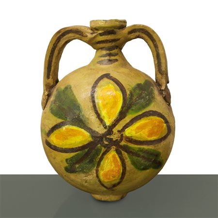 Borraccia in maiolica di Caltagirone con fiore policromo al fronte