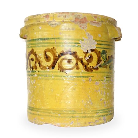 Grande cilindro in maiolica di Caltagirone con manici decorato in blu e manganese su fondo giallo, 19°  
