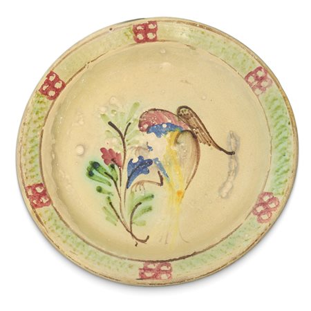 PIATTO IN MAIOLICA DI CALTAGIRONE INVETRIATO POLICROMO, Primi 20°  
