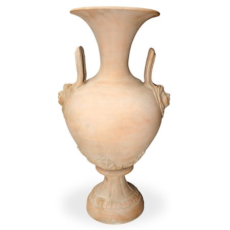 Manifattura Vella (ambito di) - Vaso in cotto su sostegno con prese a guisa di teste di leone e motivi vegetali decorativi
