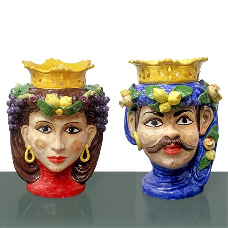 Renata  Emmolo ceramiche artistiche - Coppia di teste di moro in maiolica di Caltagirone dipinta policroma