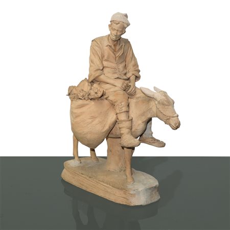 Salvatore  Scuto (Caltagirone 1889 - 1969)  - Contadino su un mulo, figura in terracotta