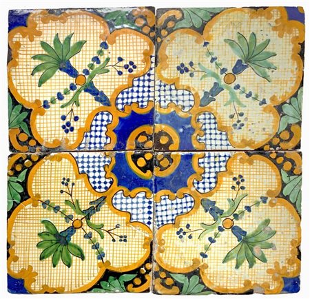 Premiata Fabbrica  Francesco Collonese - Riquadro di 4 piastrelle in ceramica con decorazione di palme, Naples, 19th/20°  