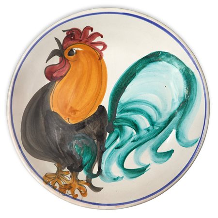 Piatto da muro in maiolica di Caltagirone con raffigurazione di gallo