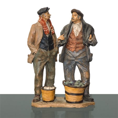Gaetano Romano (Caltagirone 1926 - 2015)  - Contadini, coppia di figurine in maiolica di Caltagirone, Catagirone 1973