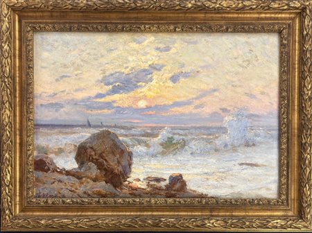 Luigi Clara, Montanaro Canavese (TO) 1875, Genova 1925, "Mareggiata con scogli"