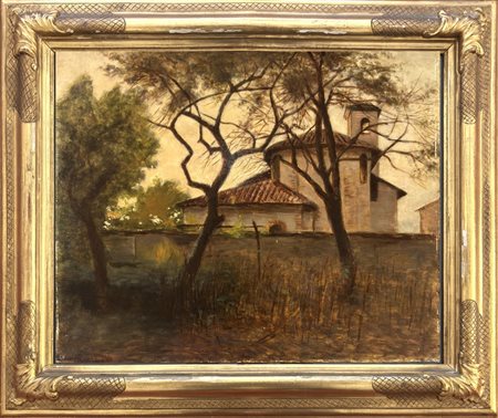 Carlo Pollonera, Alessandria d'Egitto 1849, Torino 1923, "Rivarossa, la chiesa del castello al tramonto"