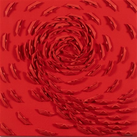Riccardo Gusmaroli (Verona, 1963) Vortice rosso 2026 Barche di carta su tela...