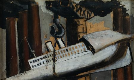 Mario Sironi (Sassari, 1885 - Milano, 1961) Nave ciminiere e gru 1920/21...