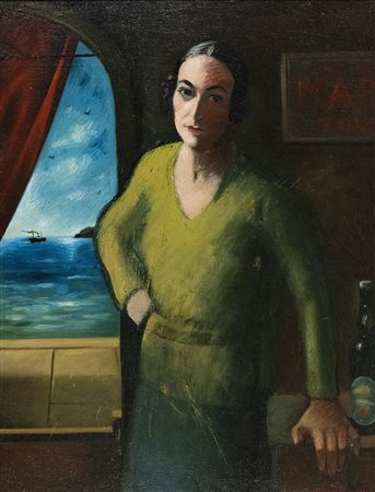Gregorio Sciltian (Rostov, 1900 - Roma, 1985) Donna in osteria con paesaggio...