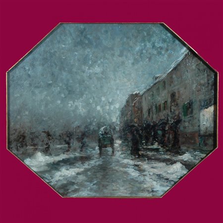 MOSE' BIANCHI(Monza, 1840-1904)Donne sotto la neve al CarrobbioOlio su tavola...