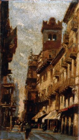 GIACOMO FAVRETTO(Venezia 1849-1887)Corso Santa Anastasia a VeronaOlio su...