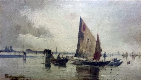PIETRO FRAGIACOMO(Trieste 1856 - Venezia 1922)Pescatori in lagunaOlio su...