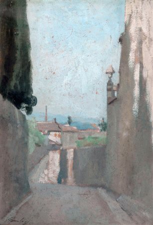 RAFFAELLO GAMBOGI(Livorno 1874-1943)Strada in collinaOlio su tavola, cm 22,4...