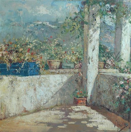 VINCENZO IROLLI(Napoli, 1860-1942)Terrazza di CapriOlio su tavola, cm 41,9 x...