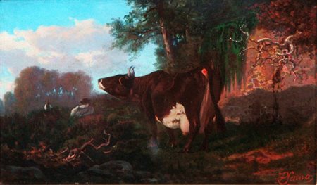 PIETRO SENNO(Portoferraio 1831 - Pisa 1904)Maremma con cane e muccaOlio su...