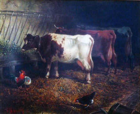 SAMUEL JAMES CLARK(Hoxton 1841 - Tottenham 1928)La stalla delle muccheOlio su...