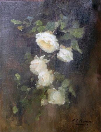 LOUISE ELLEN PERMAN(1854-1921)Rose biancheOlio su tela, cm 43,5x35Cornice...