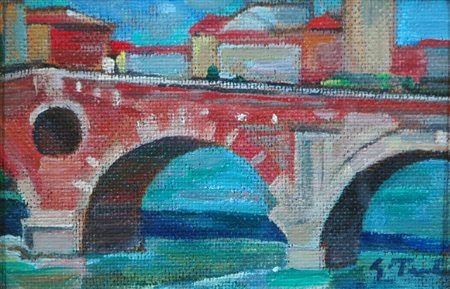 GUIDO TRENTINI(Verona 1889-1975)Ponte PietraOlio su cartone telato, cm 13,8 x...
