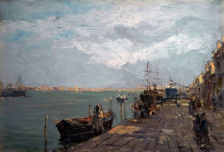 MARCELLO VIANELLO(Verona 1909-1985)Riva venezianaOlio su tavola, cm 28 x...