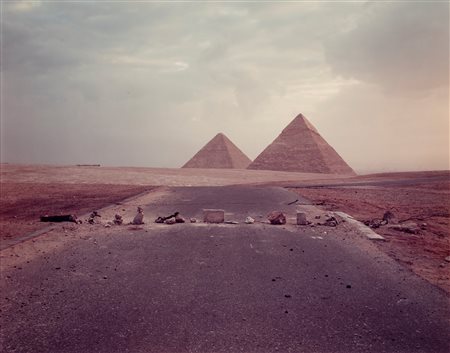 Richard Misrach (1949)  - Road Blockade and Pyramids, 1989