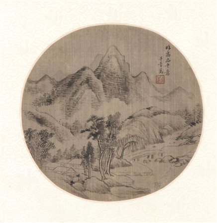  
Ventaglio circolare  dipinto a inchiostro su seta da Wang Yuanzhao (meta XIX secolo), raffigurante un paesaggio entro cornice. Cina, meta XIX-XX secolo 
 Altezza cm 62; larghezza cm 42