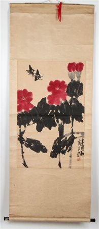  
Cui Zifan (1915-2011) "Api e fiori" dipinto a inchiostro e colore su carta montato a rotolo verticale raffigurante fiori rossi e uccelli in volo. Cina, XX secolo 
 Altezza cm 194; larghezza cm 74