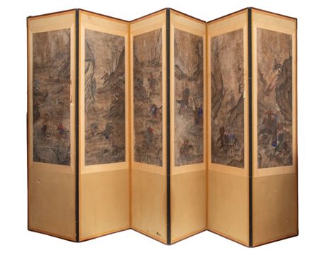  
Paravento composto da sei pannelli dipinti Horyeopdo raffigurante una scena di caccia ad inchiostro e colore su carta. Corea, Fine XIX-XX secolo 
 Ciascuno: Altezza cm 112; larghezza cm 47