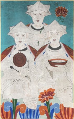  
Dipinto sciamanico (Musokhwa) "spirito della nascita" raffigurante tre figure femminili su carta. Corea, inizio XX secolo 
 Altezza cm 93; larghezza cm 59