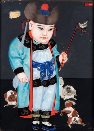  
Piccolo dipinto su vetro raffigurante un fanciullo. Cina, XX secolo 
 Altezza cm 47; larghezza cm 37