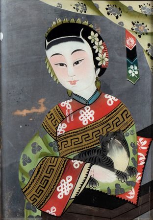 
Dipinto su vetro raffigurante una dama. Cina, XX secolo 
 Altezza cm 56; larghezza cm 40