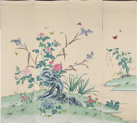  
Grande dipinto composto da quattro pannelli decorati con roccia, farfalla e fiori. Guache su carta. Cina, Inizio XX secolo 
 Altezza m 2.5; larghezza 2.5 circa
