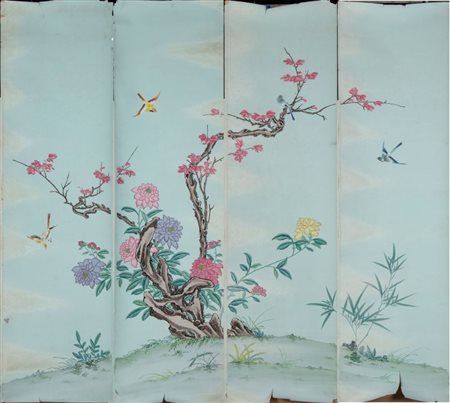  
Grande dipinto composto da quattro pannelli decorati con roccia e fiori. Guache su carta. Cina, Inizio XX secolo 
 Altezza m 2.5; larghezza m 2.5 circa