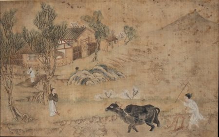  
Dipinto ad inchiostri policromi su seta raffigurante scena agreste. Cina, prima metà del XX secolo 
 Altezza cm 38; larghezza cm 60 - In cornice altezza cm 70; larghezza cm 90