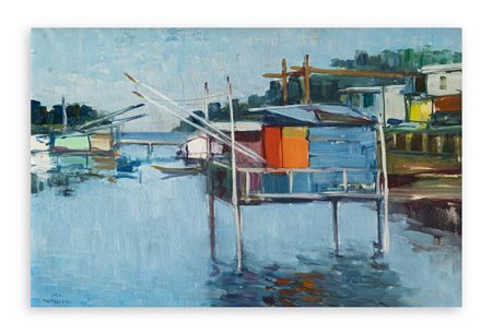 IDEO PANTALEONI (1904-1993) - Capanni da pesca. Canale Logonovo tra il Lido degli Estensi e il Lido di Spina