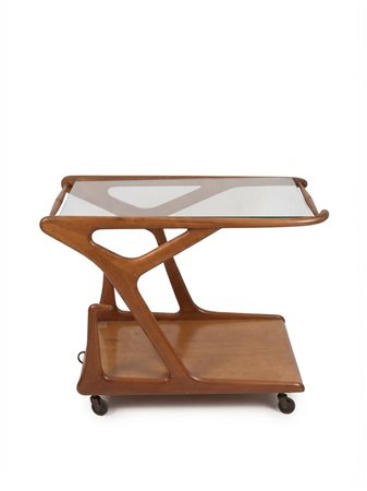 Carrello bar italiano Mid-Century Modern in legno sculturale con piano in vetro inciso